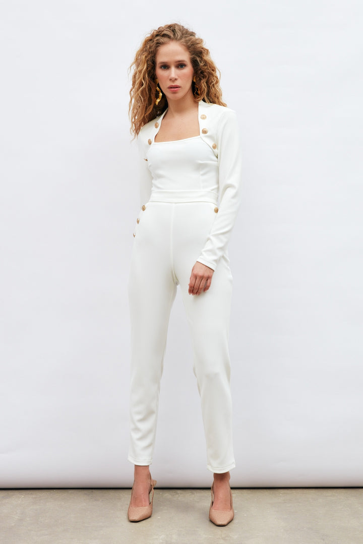 Sateen Pantalon à Détails de Boutons - Écru