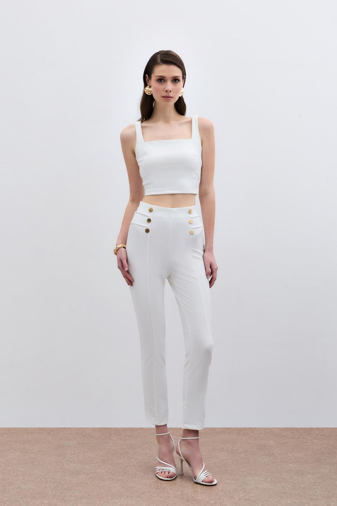 Sateen Pantalon à détails de boutons - Écru