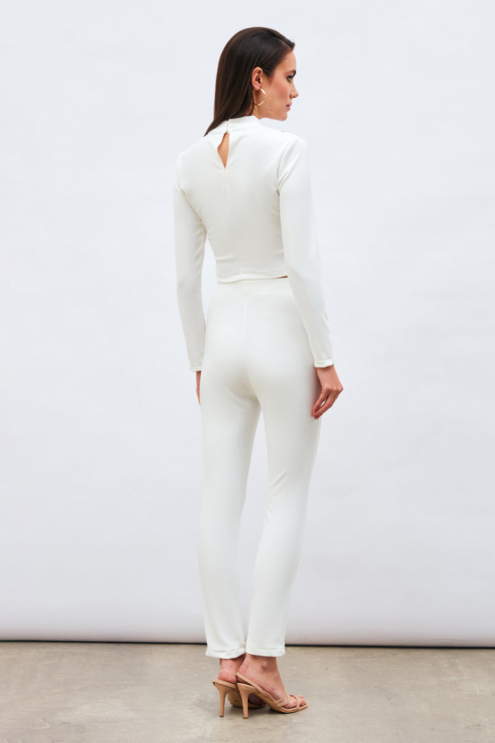 Sateen Pantalon à Détails de Boutons - Écru