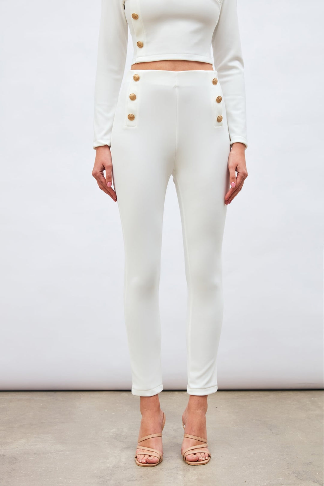Sateen Pantalon à Détails de Boutons - Écru