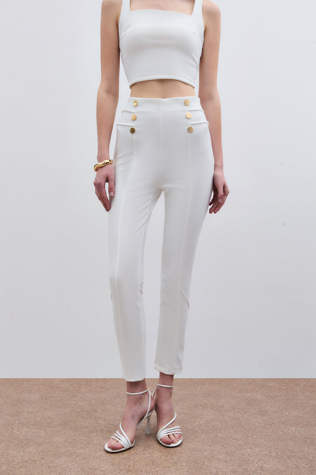 Sateen Pantalon à détails de boutons - Écru