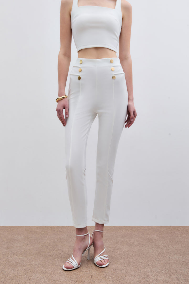 Sateen Pantalon à détails de boutons - Écru