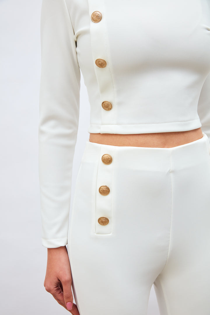 Sateen Pantalon à Détails de Boutons - Écru