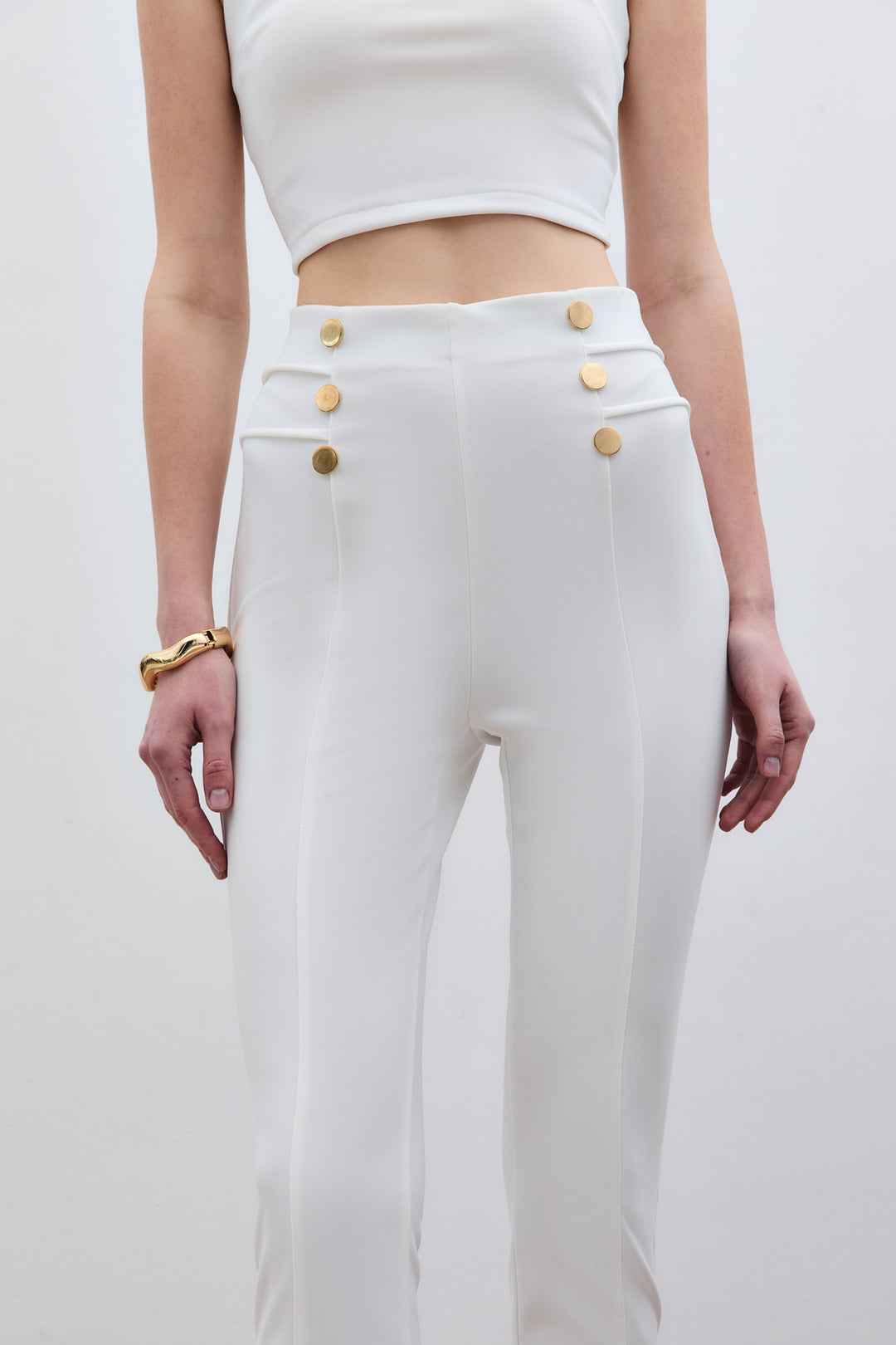 Sateen Pantalon à détails de boutons - Écru