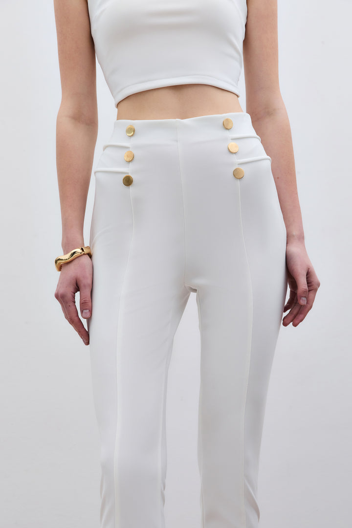 Sateen Pantalon à détails de boutons - Écru