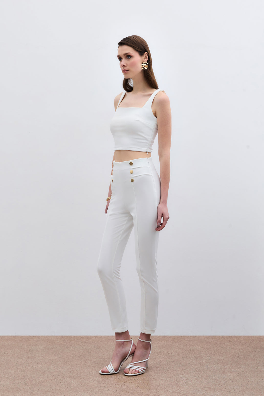 Sateen Pantalon à détails de boutons - Écru