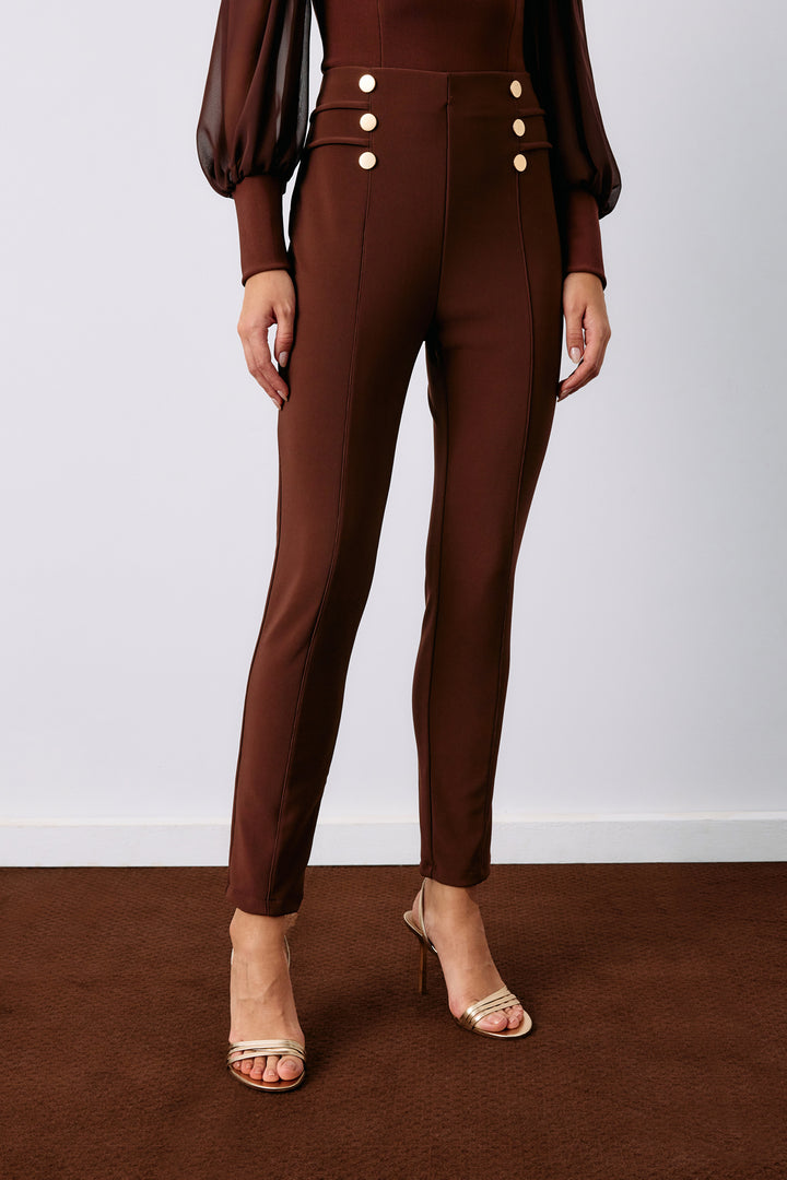 Sateen Pantalon à détails de boutons - Marron