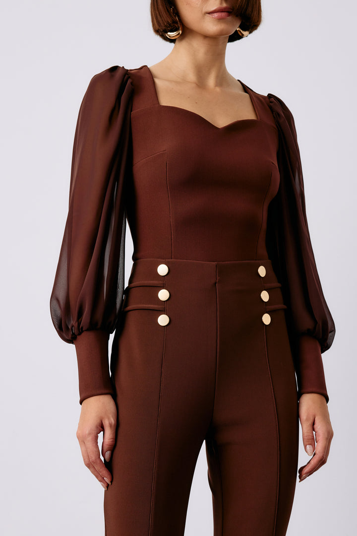 Sateen Pantalon à détails de boutons - Marron
