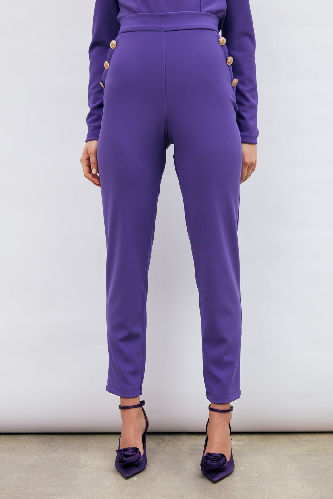Sateen Pantalon à Détails de Boutons - Violet