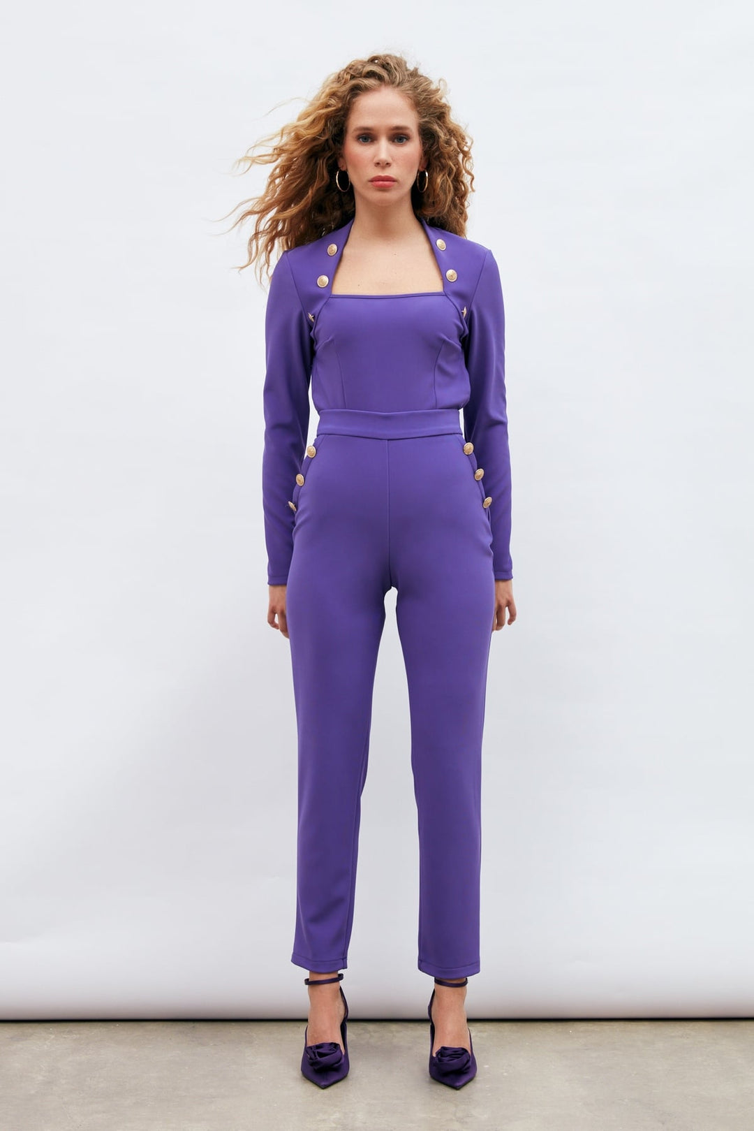 Sateen Pantalon à Détails de Boutons - Violet