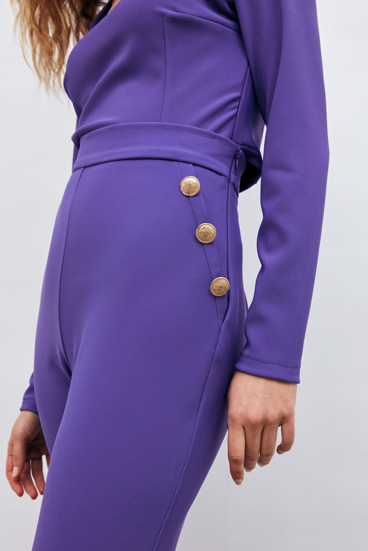Sateen Pantalon à Détails de Boutons - Violet