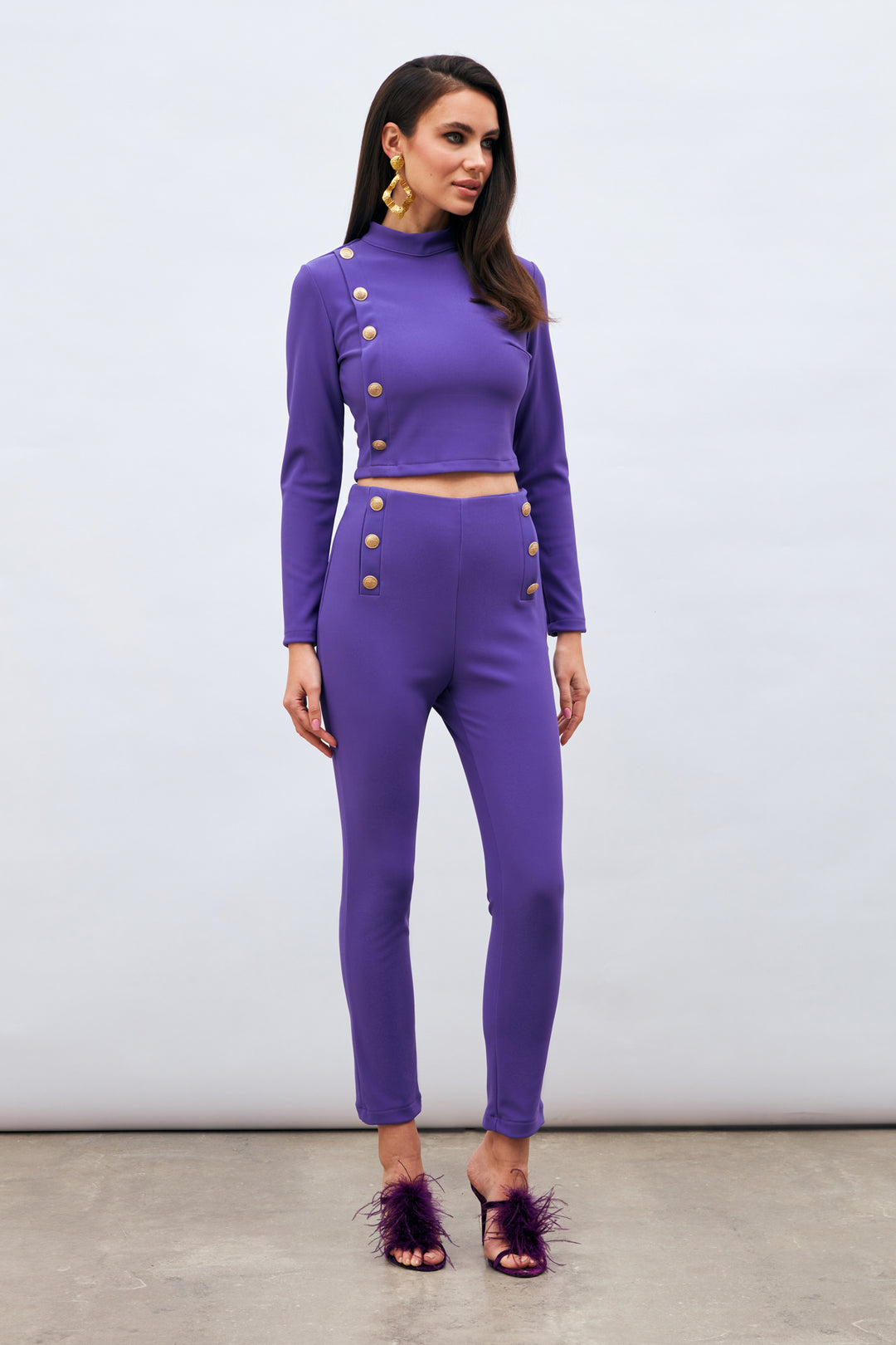 Sateen Pantalon à Détails de Boutons - Violet