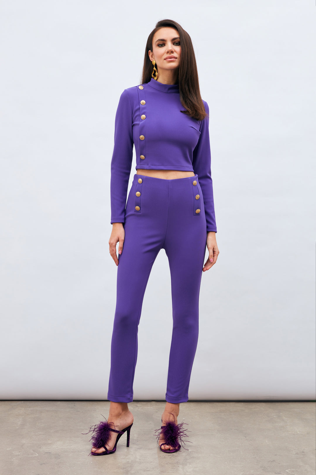 Sateen Pantalon à Détails de Boutons - Violet