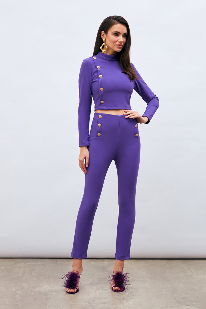 Sateen Pantalon à Détails de Boutons - Violet