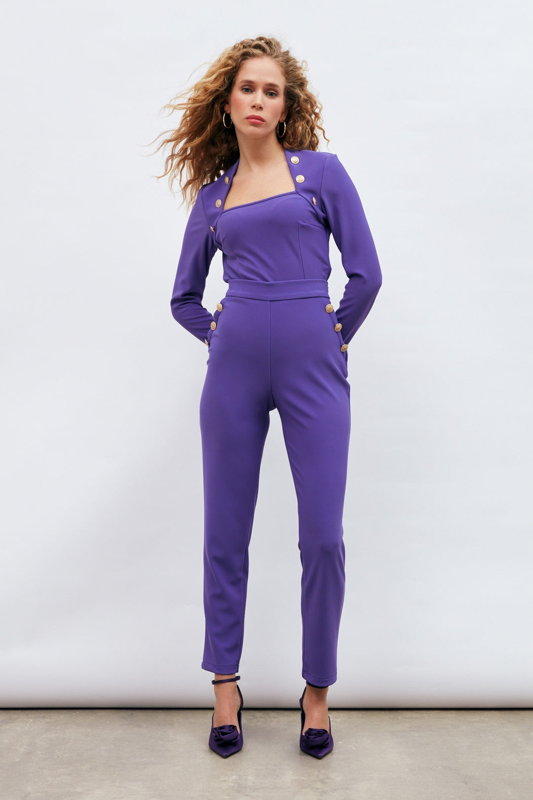 Sateen Pantalon à Détails de Boutons - Violet