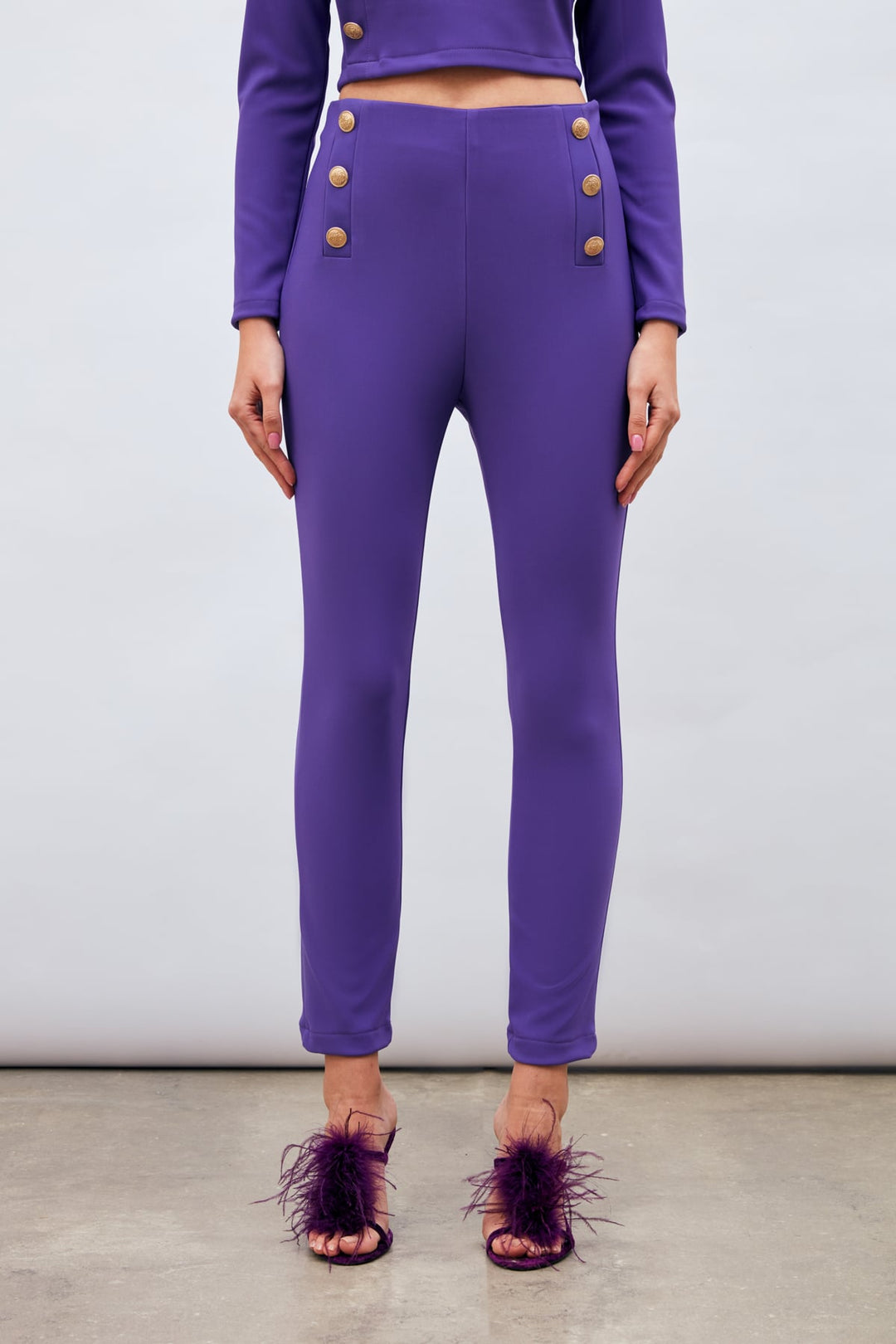 Sateen Pantalon à Détails de Boutons - Violet