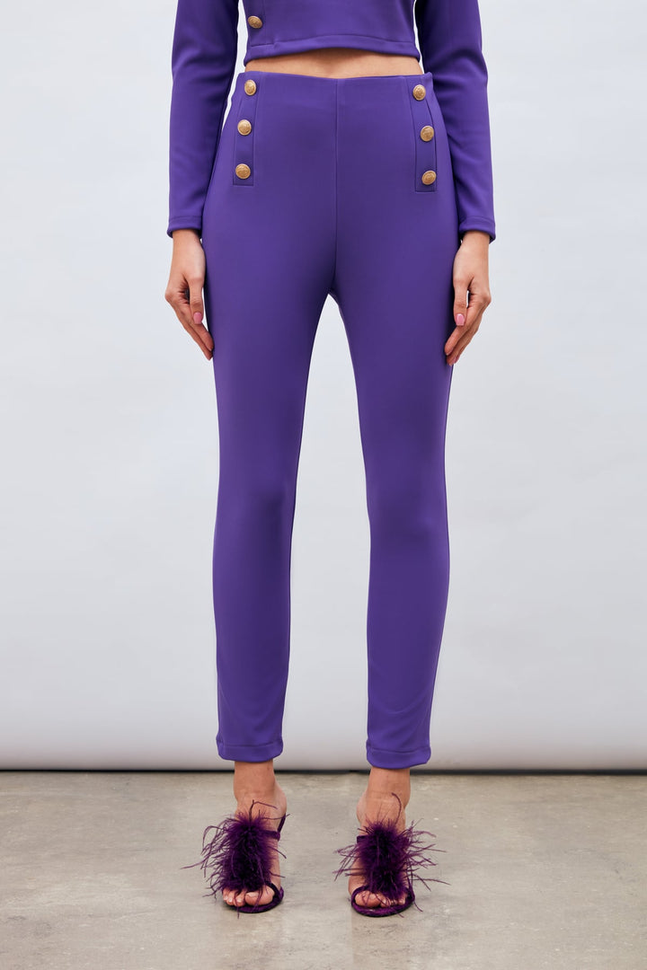 Sateen Pantalon à Détails de Boutons - Violet