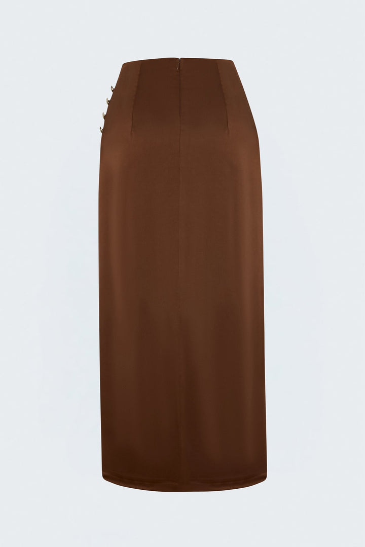 Sateen Jupe en satin avec détails de bouton - Marron
