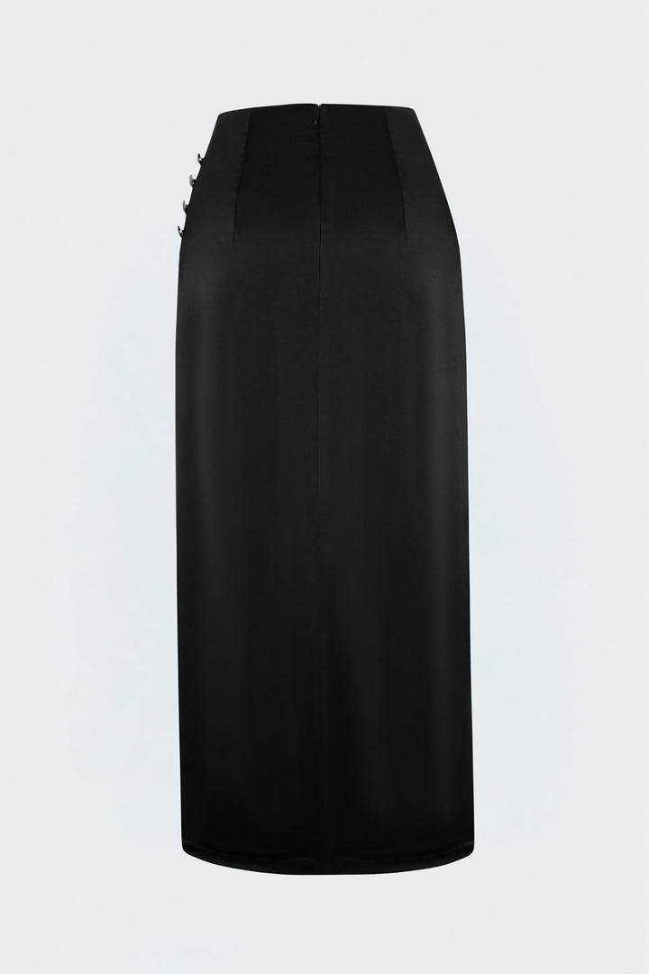 Sateen Jupe Satin avec Détails de Bouton - Noir
