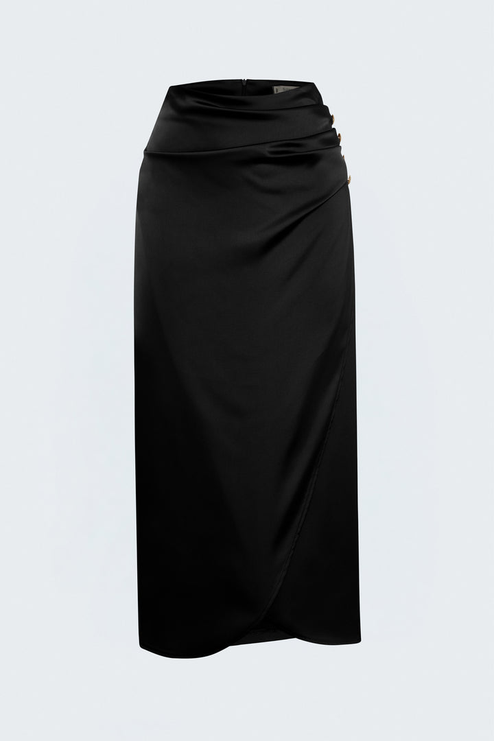 Sateen Jupe Satin avec Détails de Bouton - Noir