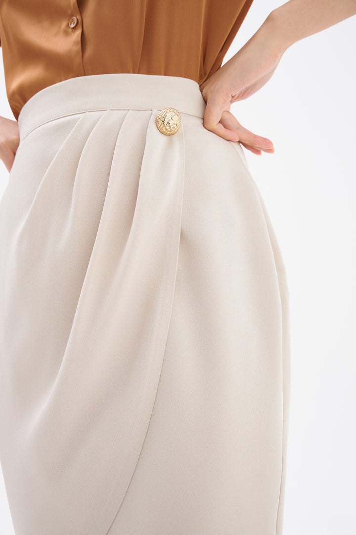 Sateen Jupe en crêpe satinée avec détails de boutons - Pierre