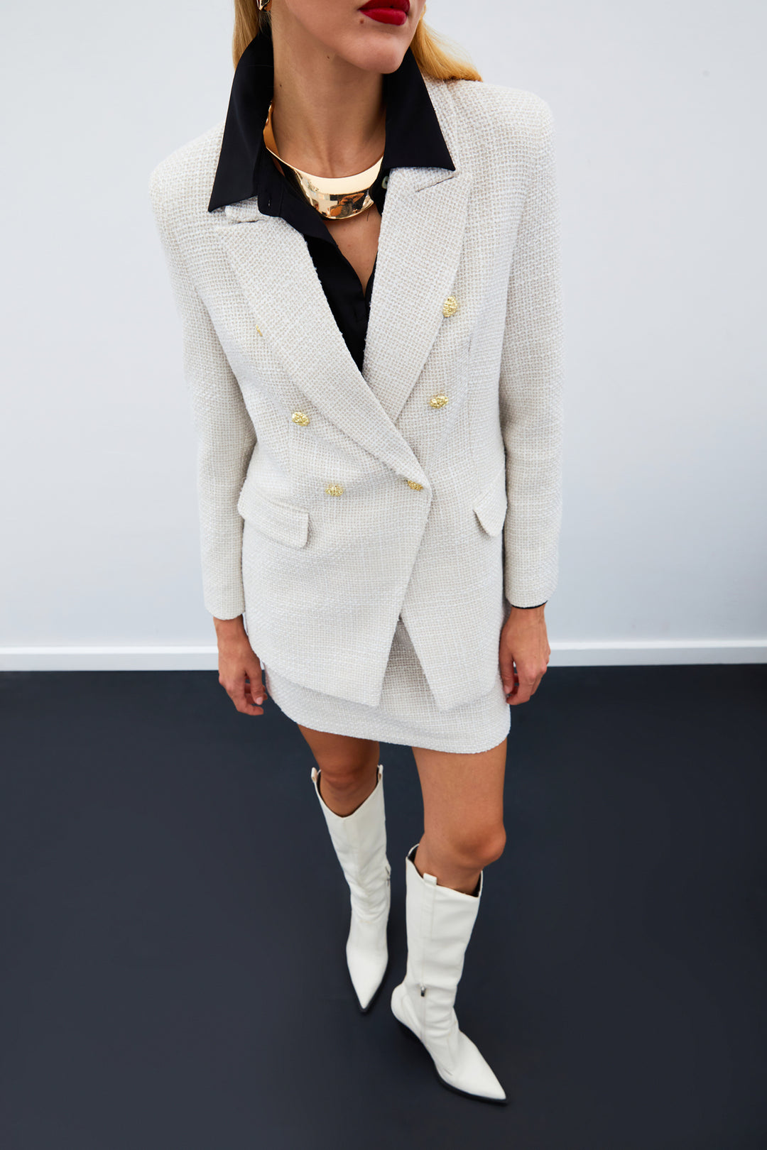 Sateen Veste en Tweed avec Détails Bouton - Beige