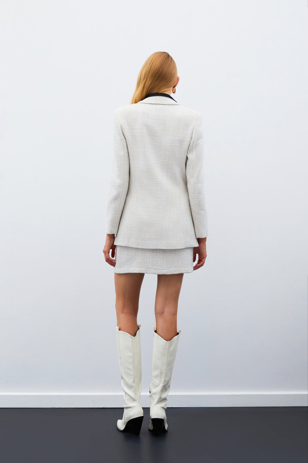 Sateen Veste en Tweed avec Détails Bouton - Beige