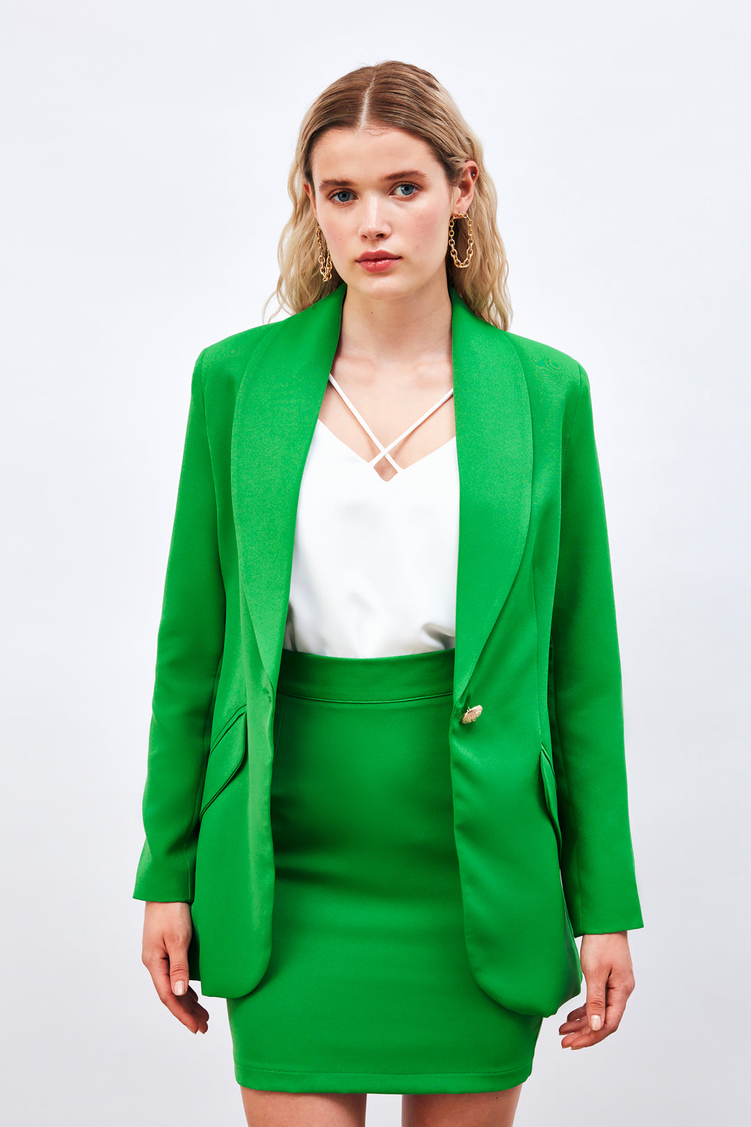 Sateen Veste longue avec détails de boutons - Vert