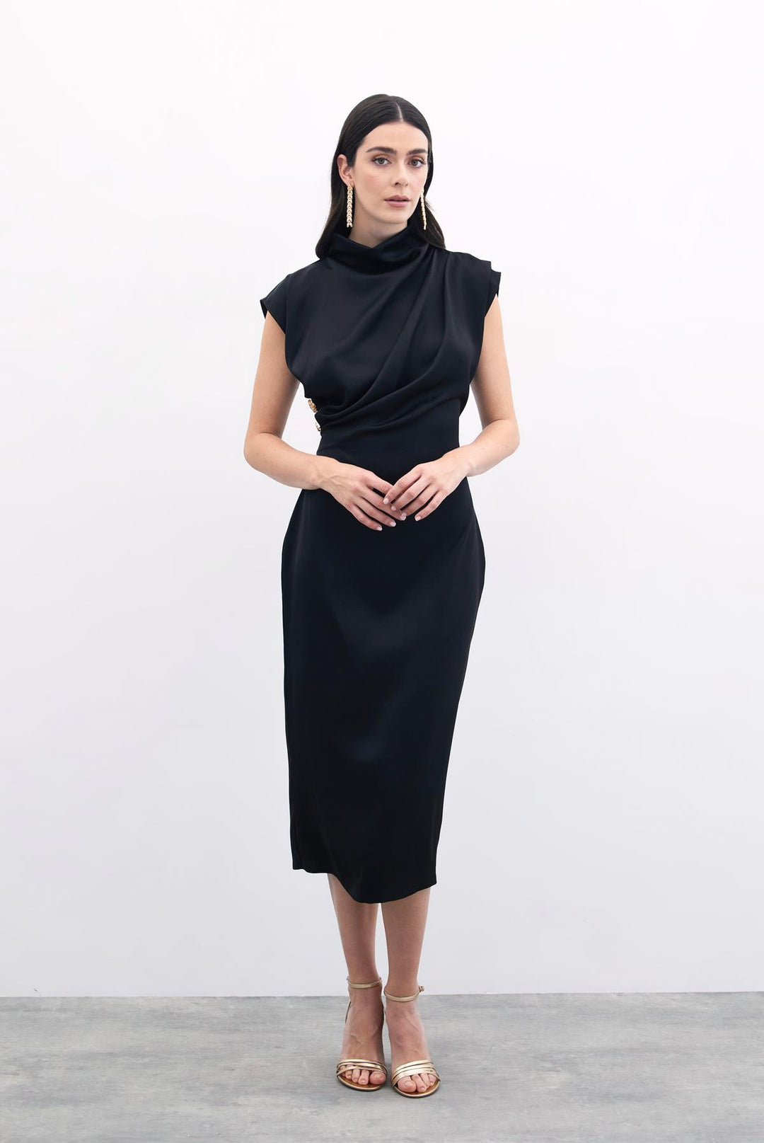 Sateen Robe Longue À Détails Boutonnés - Noir