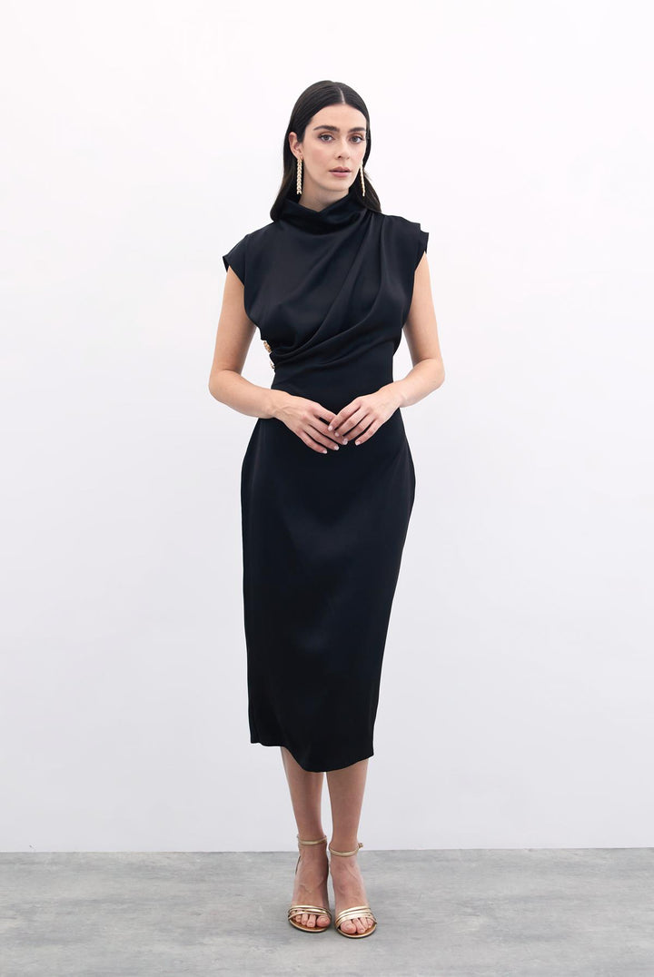 Sateen Robe Longue À Détails Boutonnés - Noir