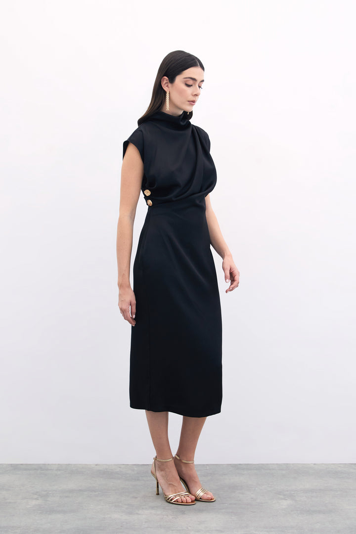 Sateen Robe Longue À Détails Boutonnés - Noir