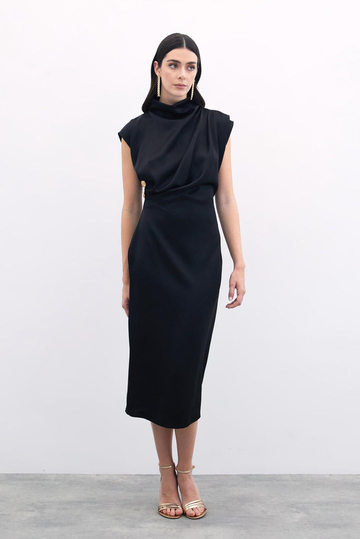 Sateen Robe Longue À Détails Boutonnés - Noir