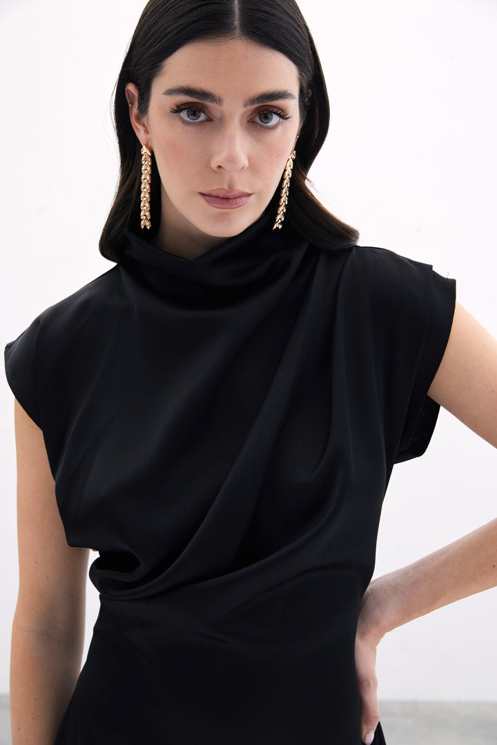 Sateen Robe Longue À Détails Boutonnés - Noir