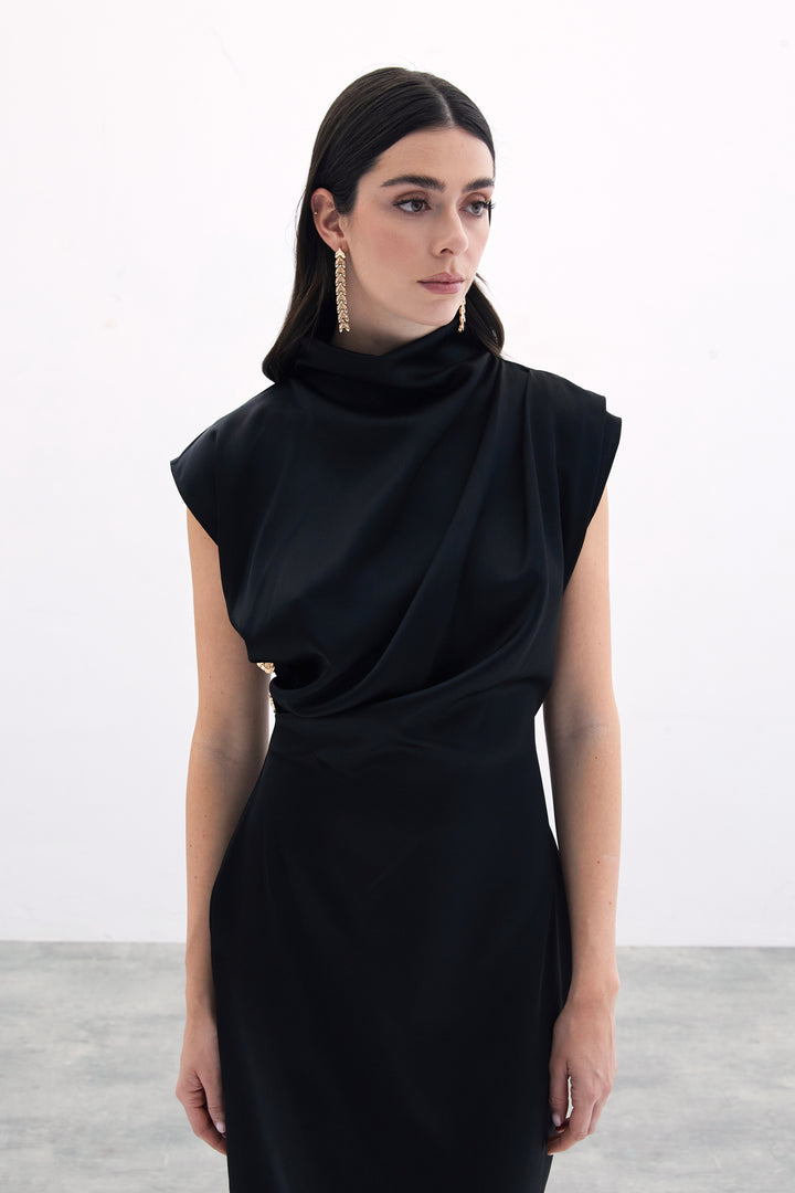 Sateen Robe Longue À Détails Boutonnés - Noir