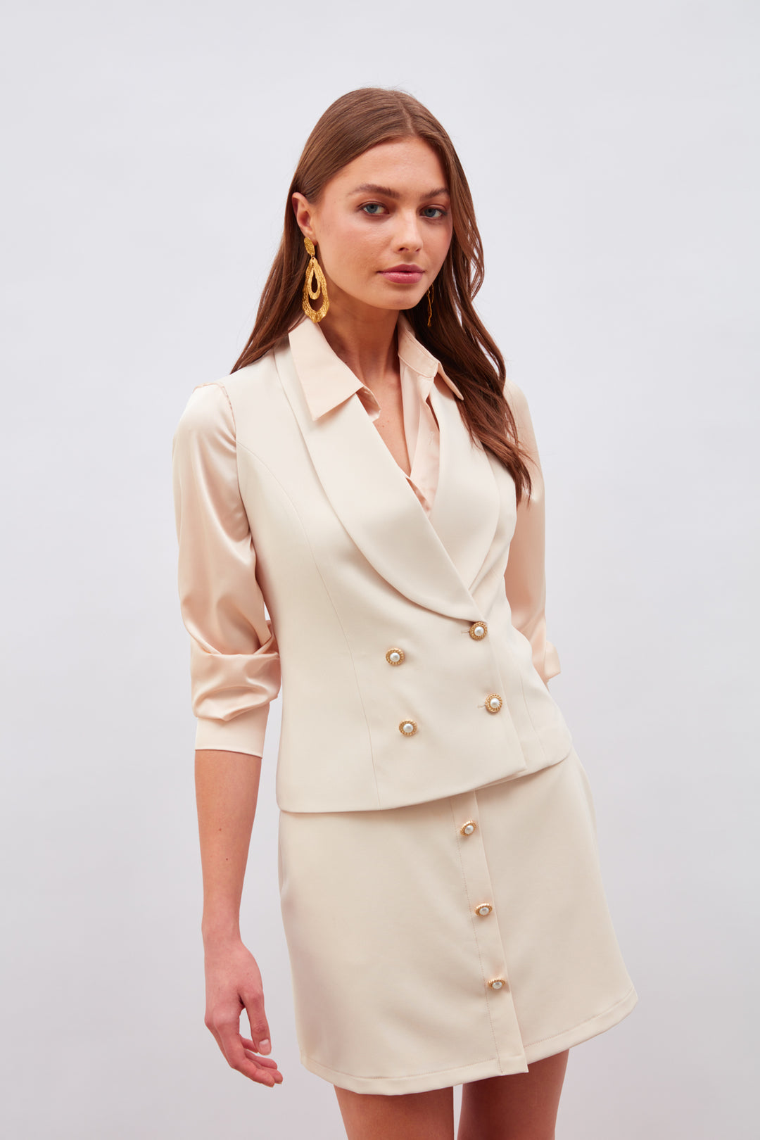 Sateen Gilet avec détails de boutons - Beige