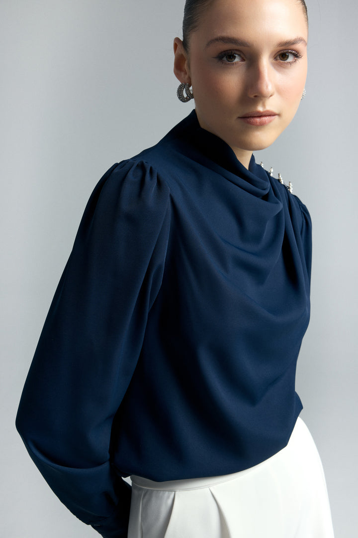 Sateen Blouse avec détails en pierre - Bleu marine