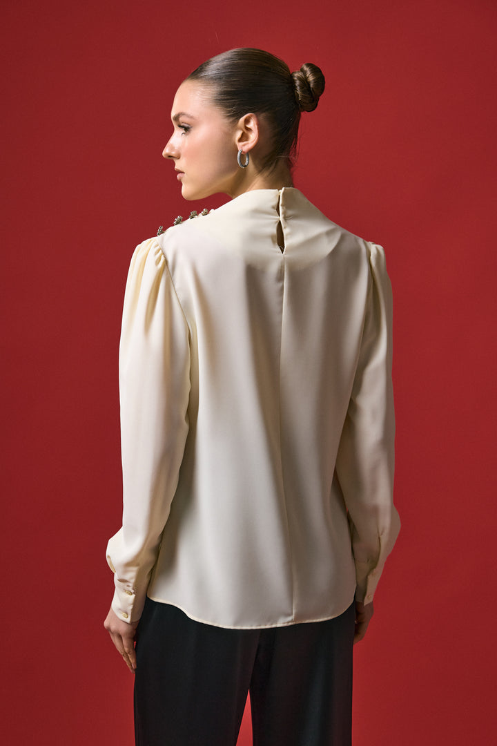 Sateen Blouse à Détail Pierre - Jaune