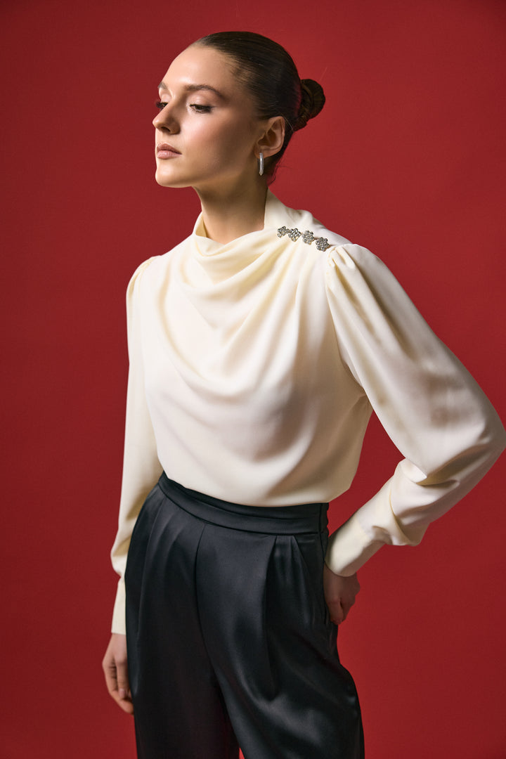 Sateen Blouse à Détail Pierre - Jaune