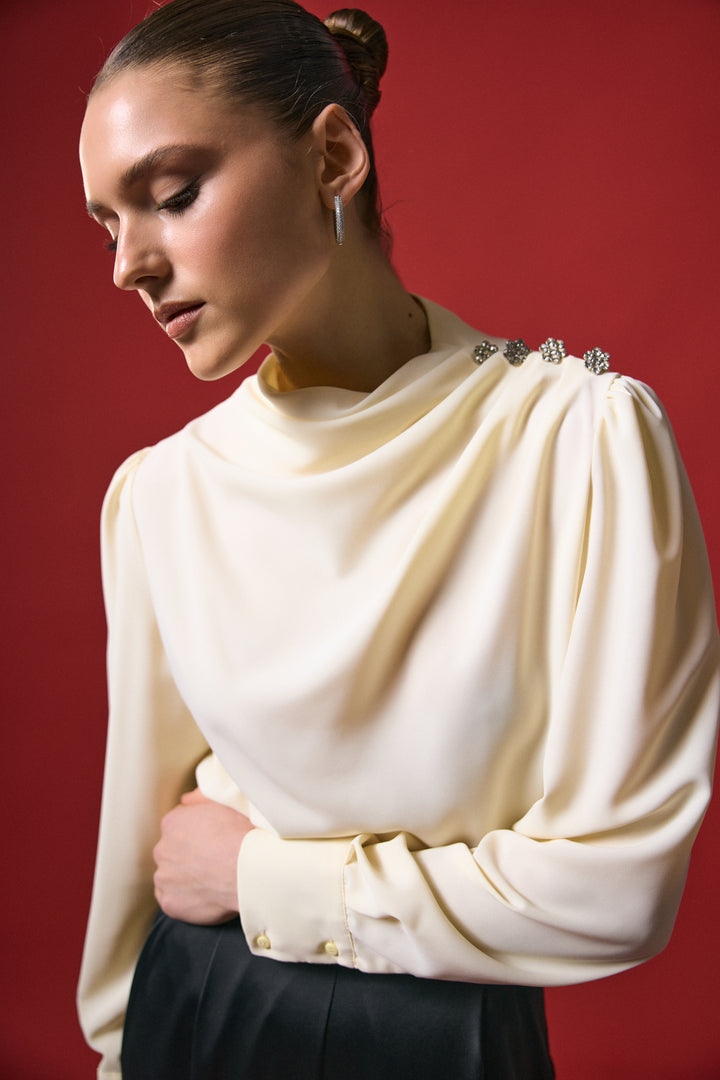Sateen Blouse à Détail Pierre - Jaune