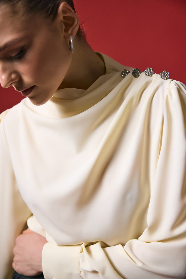 Sateen Blouse à Détail Pierre - Jaune