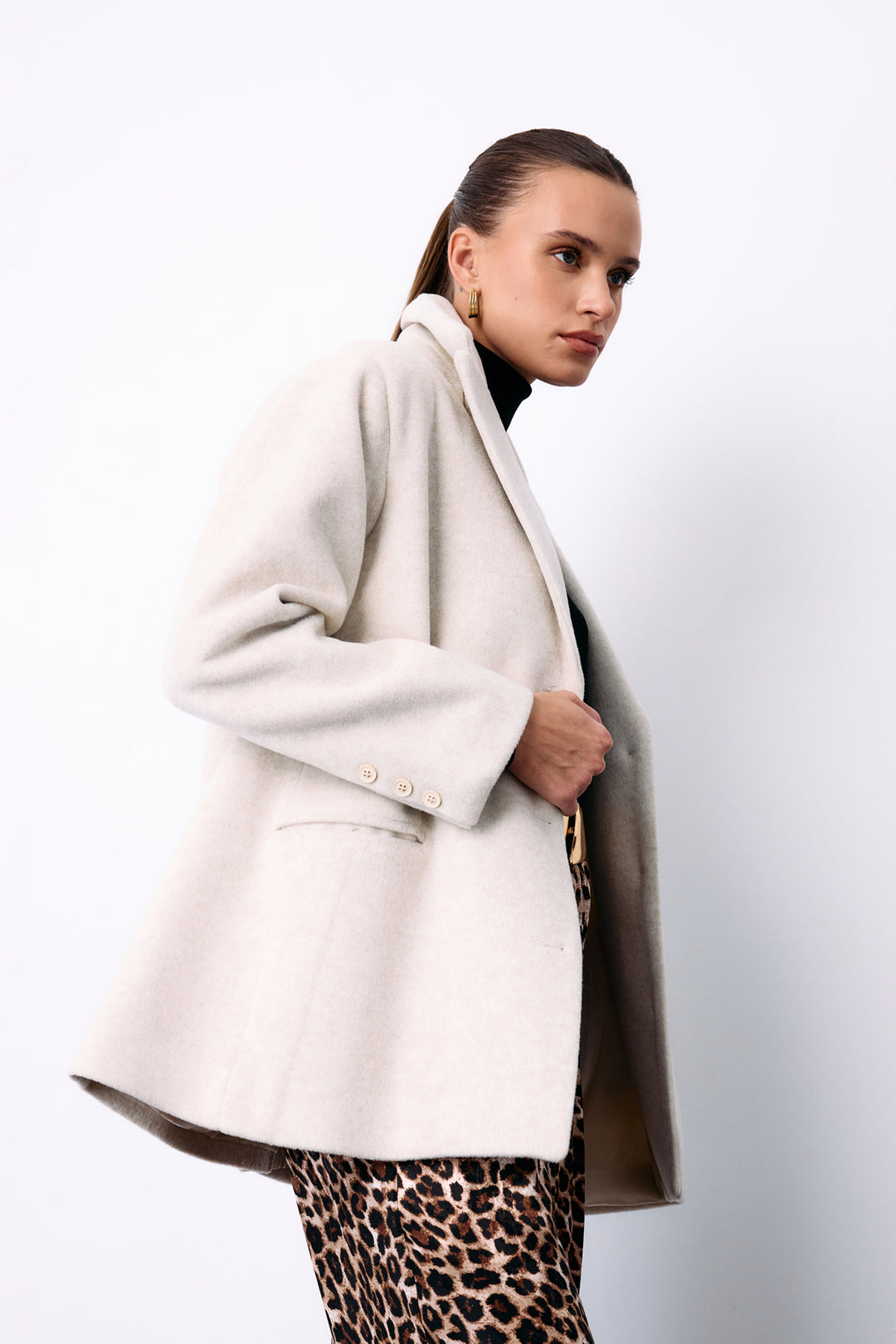 Sateen Veste en Laine à Boutons - Écru