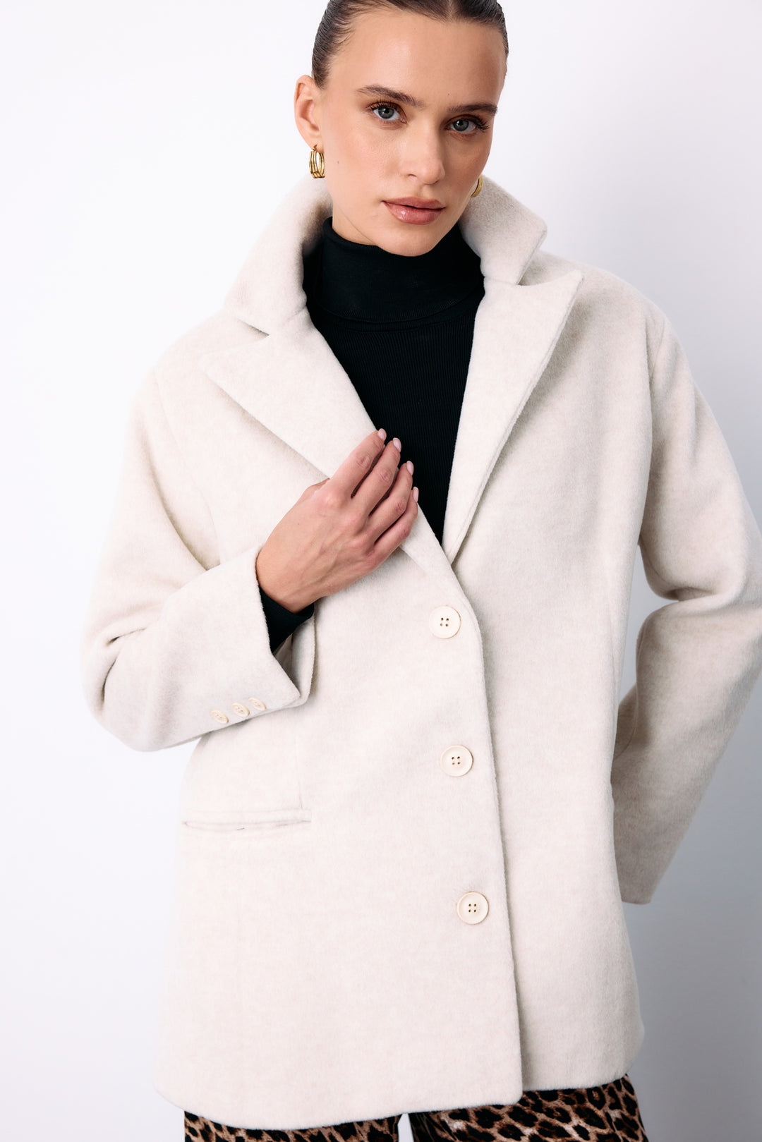 Sateen Veste en Laine à Boutons - Écru
