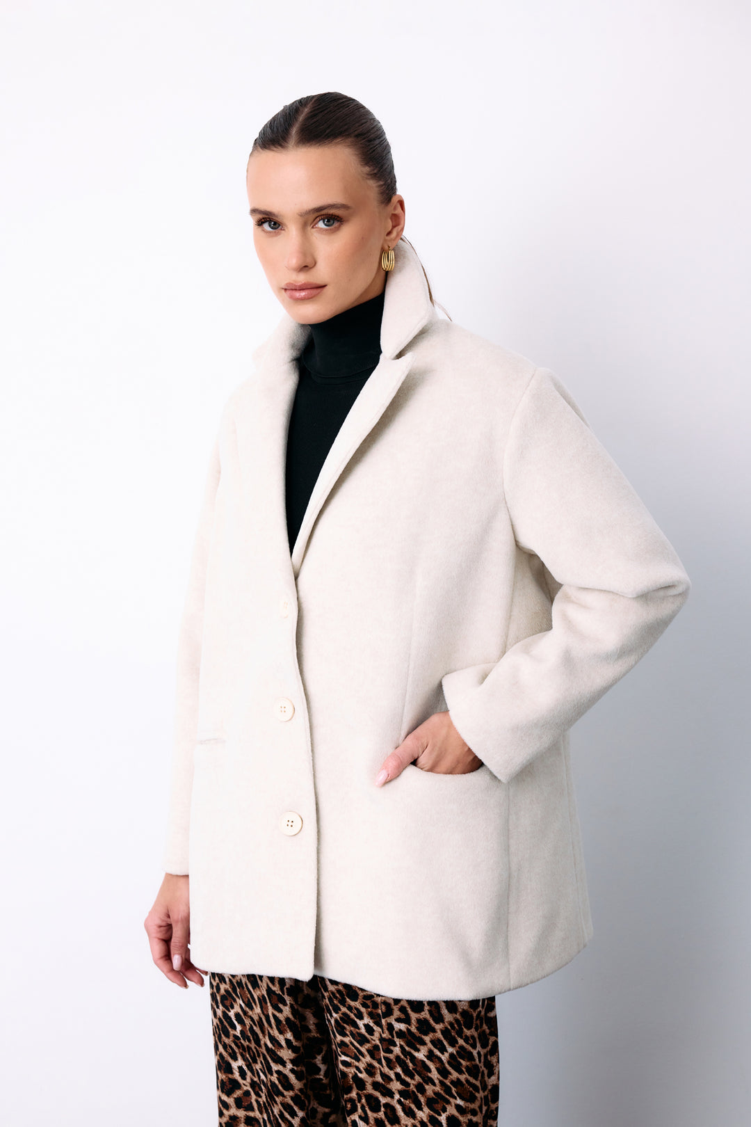 Sateen Veste en Laine à Boutons - Écru