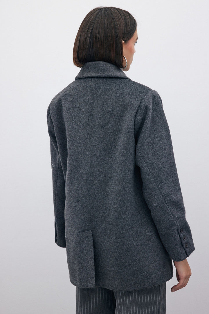 Sateen Veste en Laine à Boutons - Noir