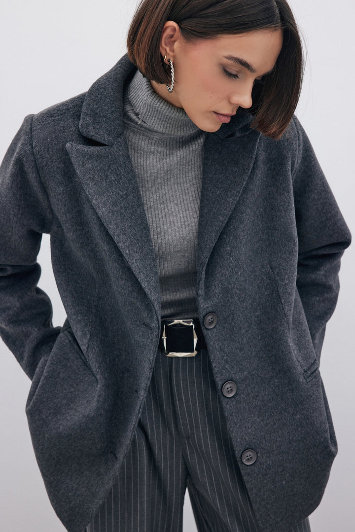 Sateen Veste en Laine à Boutons - Noir