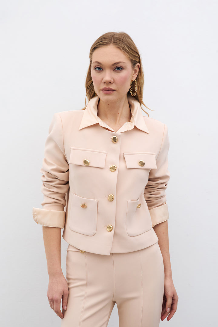 Sateen Veste Courte Boutonnée - Beige