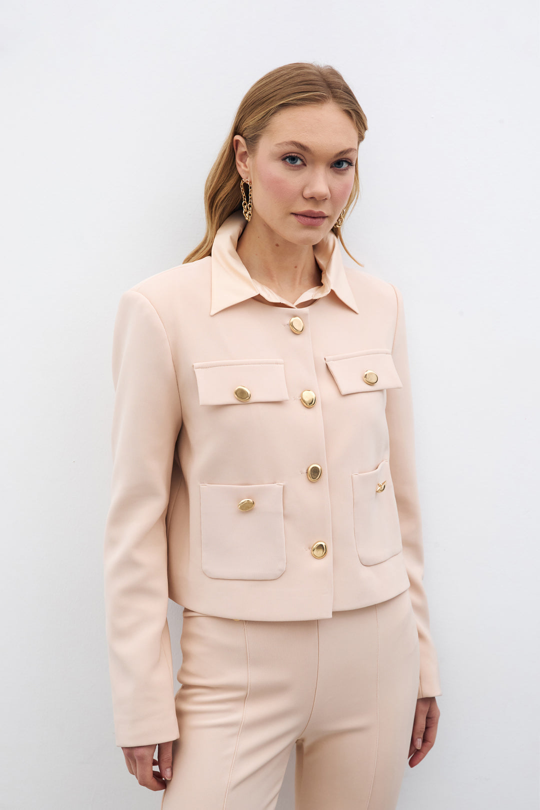 Sateen Veste Courte Boutonnée - Beige