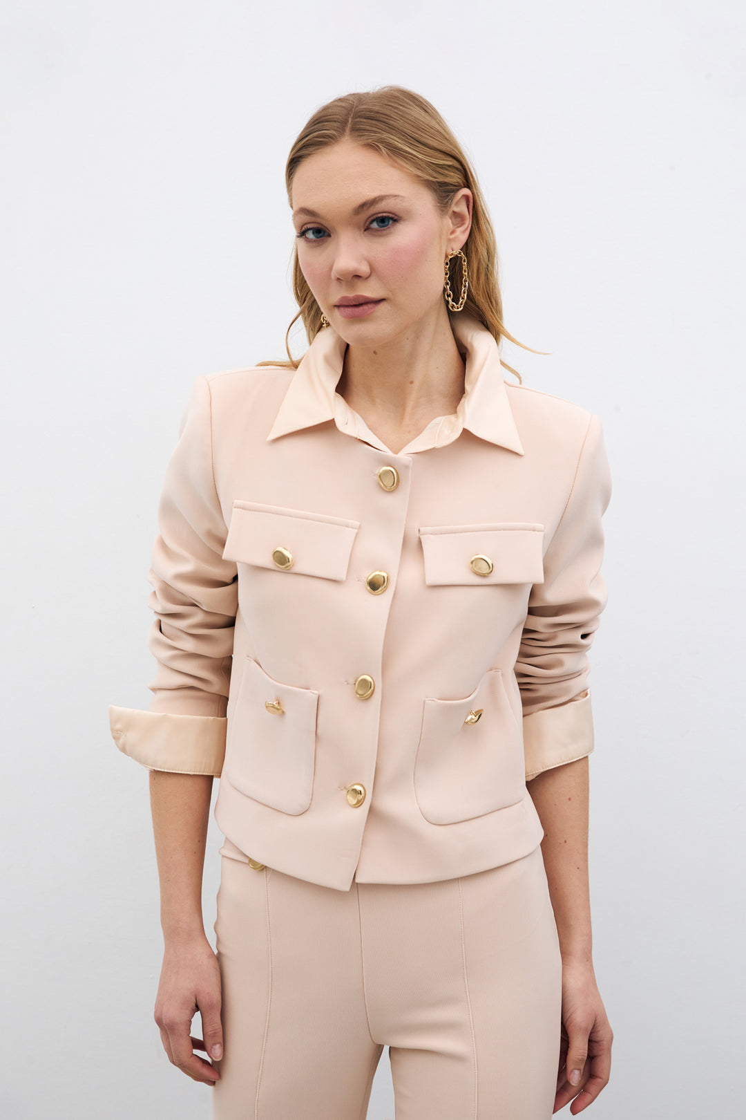 Sateen Veste Courte Boutonnée - Beige