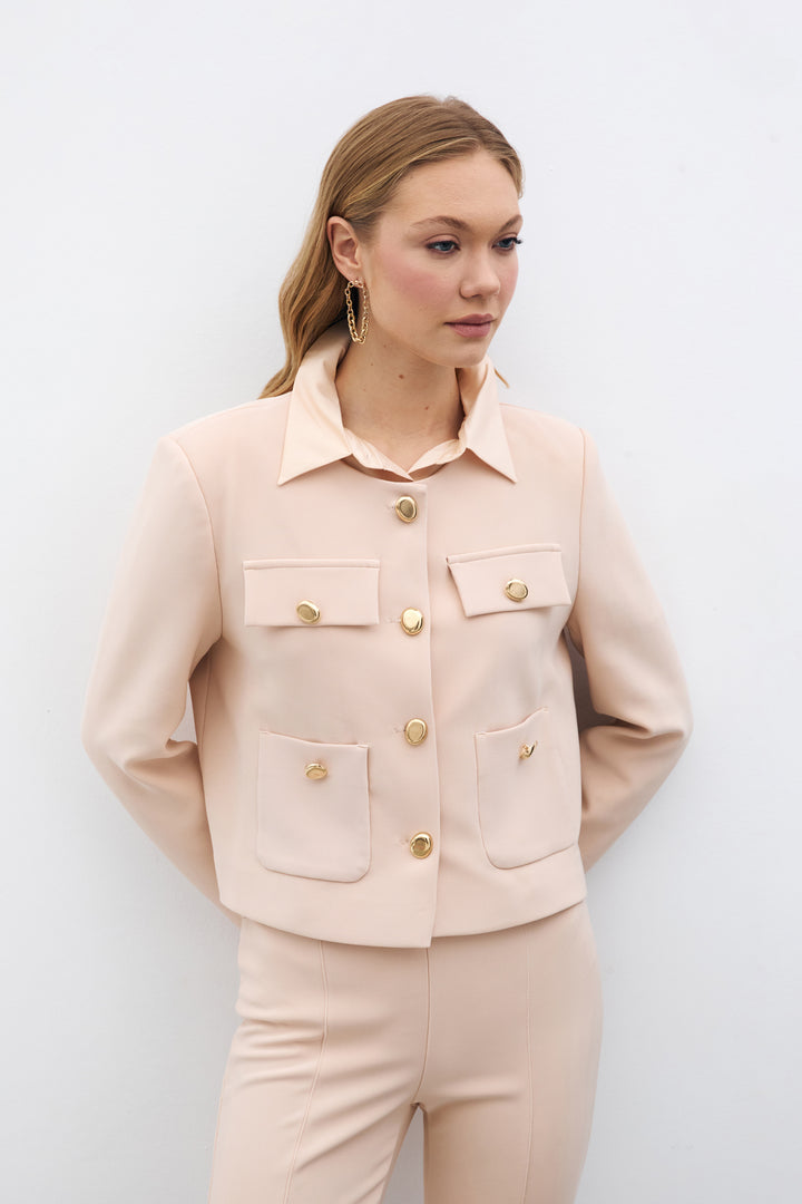 Sateen Veste Courte Boutonnée - Beige