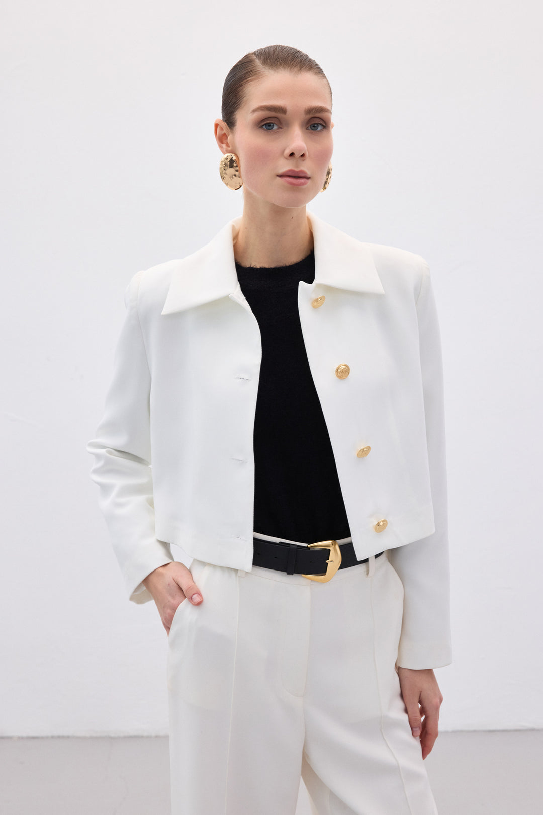 Sateen Veste courte à boutons - Écru